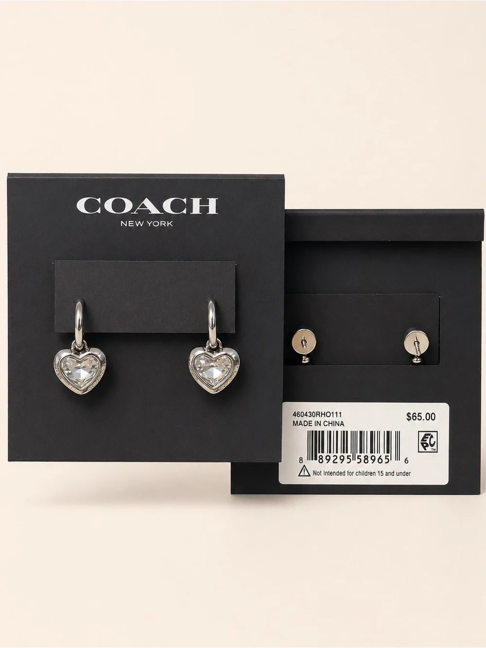 Coach Crystal Heart Huggie Hoop Earrings Silver Tone - Picture 3 of 4